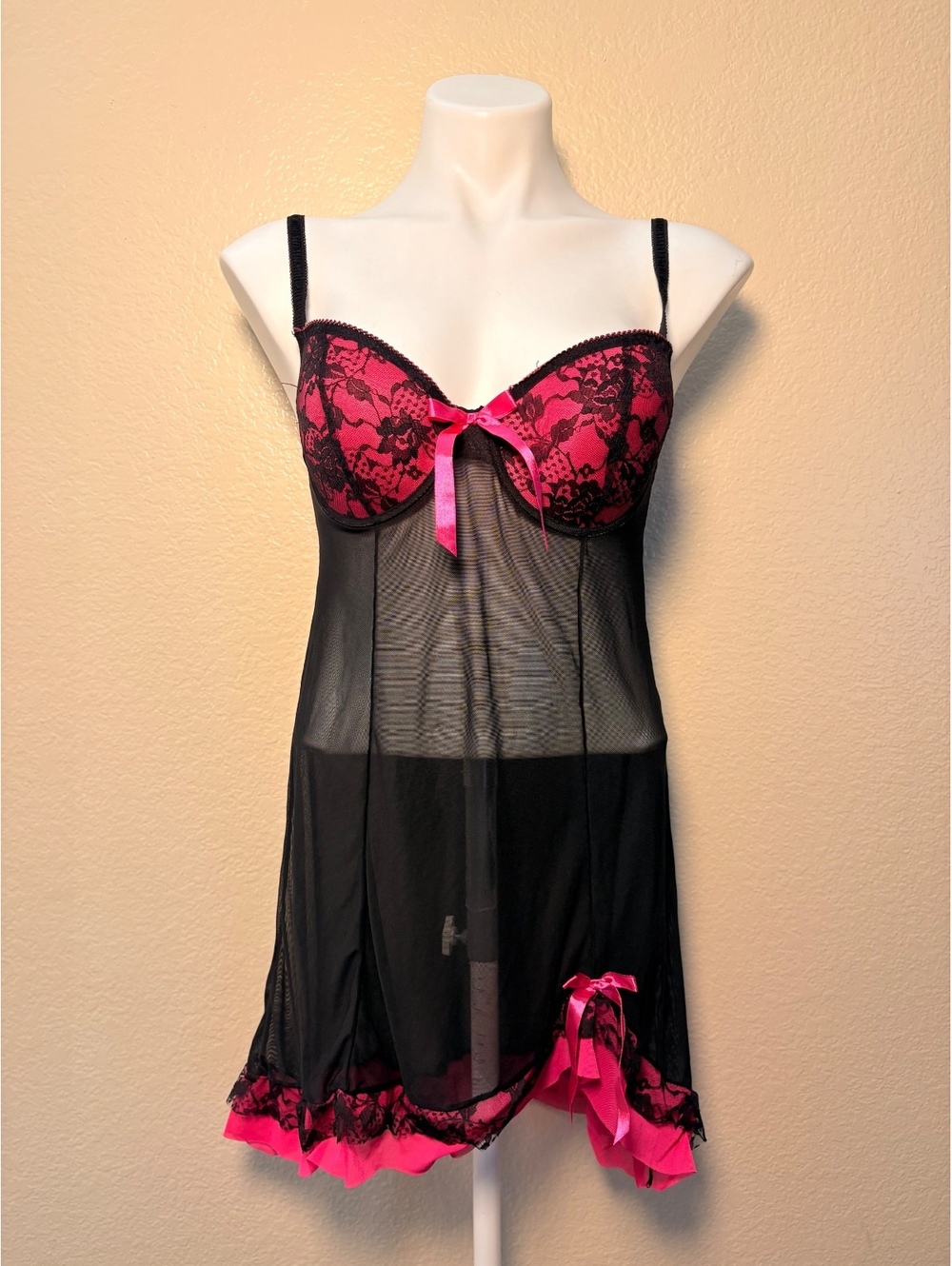 Y2K Scene Emo Goth Per Lei Pink Lace Sheer Babydoll Nightdress #11